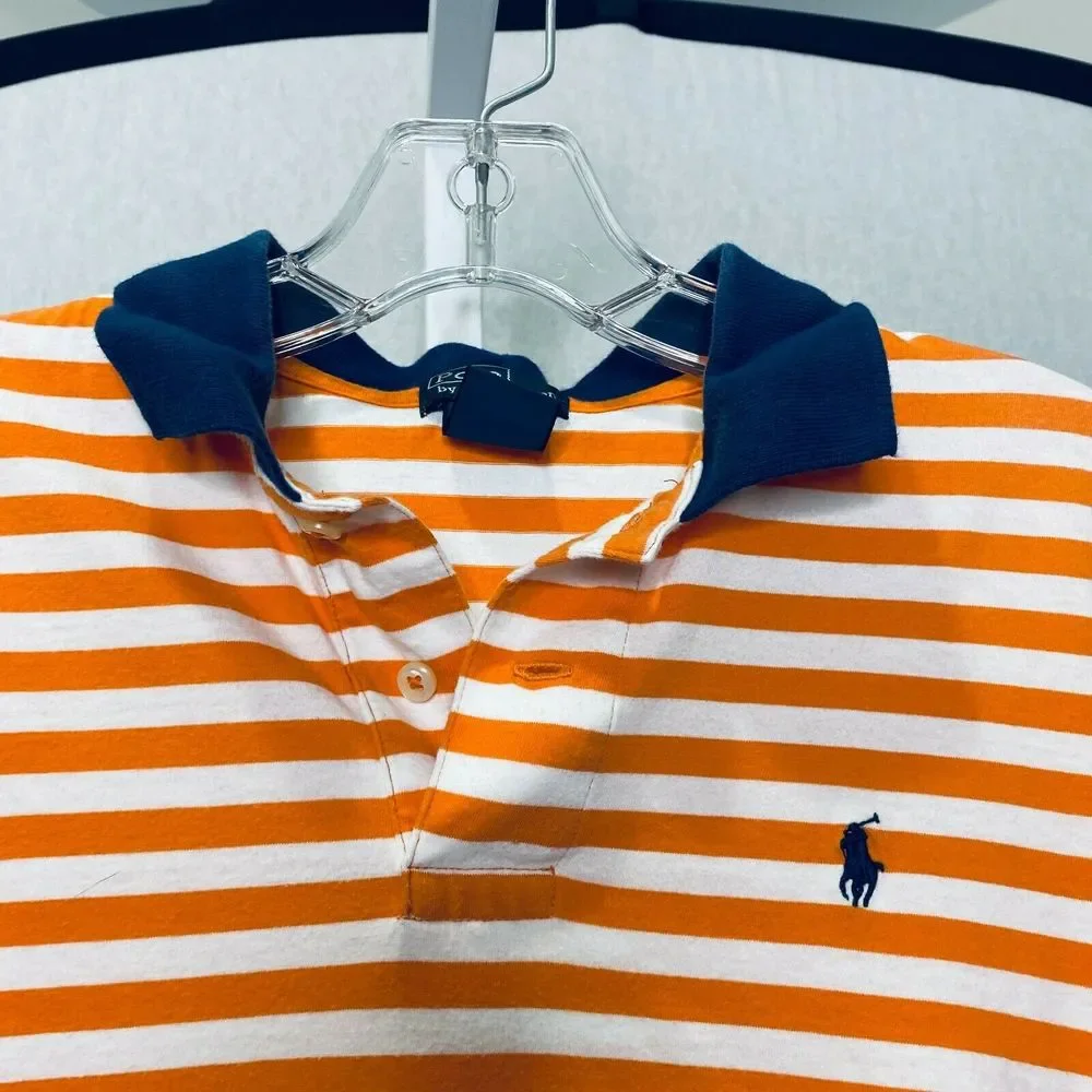 Polo Ralph Lauren Boy's Polo Shirt Orange White Striped Navy Golf‎ Collared L